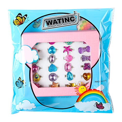 WATINC 24Pcs Adjustable Princess Pretend Jewelry Rings, Girl’s Jewelry Dress Up Play Toys, Rhinestone Gift Set in Box for Little Girls, No WATINC