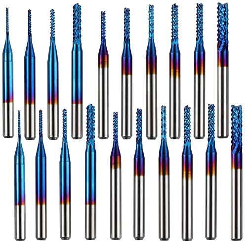ASNOMY 20pcs End Mills CNC Spiral Router Bits, 1/8" Shank CNC Cutter Milling Carving Bit Set, Nano Blue Coat CNC End Mill Bits, Cutting ASNOMY