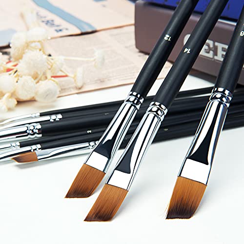 Angular Paint Brush, 9PC Oblique Tip Nylon Hair Long Handle Angled Paint Brushes Set Art Artist Professional Painting Supplies for Acrylic, golden maple