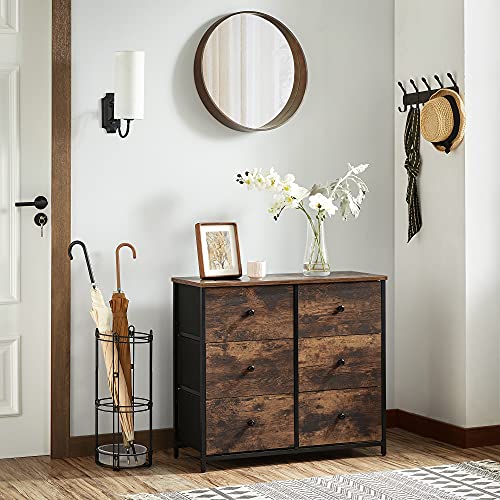 SONGMICS Dresser for Bedroom, Chest of Drawers, 6 Drawer Dresser, Closet Fabric Dresser with Metal Frame, Wooden Top and Front, Brown and Black SONGMICS