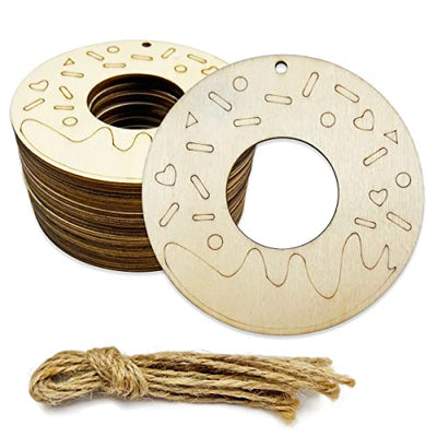 20pcs Unfinished Wood Donuts - Donuts Wood Cutouts for DIY Crafts - Wooden Donuts Shaped Hanging Ornaments with Hole Hemp Ropes Gift Tags