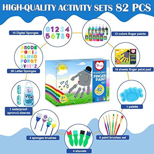 AROIC Washable Finger Paint set, 82 Pack Washable Kids Paint Set with 12 Color Finger Paints, Sponges, Paint Brushes, Waterproof Paint Apron, Palette AROIC