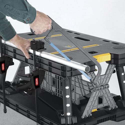 Keter Portable Folding Work Table Tool Storage Stand Workbench with 12 Inch Wood Clamps for Saws, Home Improvement, and Construction Keter