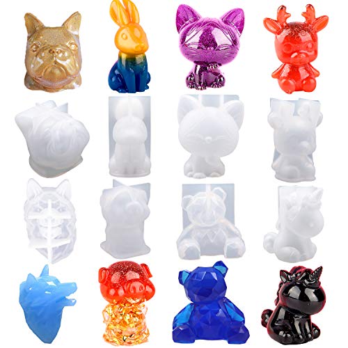 EuTengHao 20Pcs 3D Animal Resin Molds Tools Set Includes 8 Resin Casting Molds Large Clear Unicorn Epoxy Silicone Molds 2 Measurement Cup 10 Wood EuTengHao