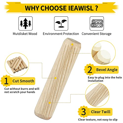 Wooden Dowel Pins, 200PCS Mutdisket Wood Beveled Ends Tapered Pins Wood Pegs, Groove Wooden Dowel Pins - 9 Sizes 6mm 8mm 10mm Straight Grooved Pins IEAWISL