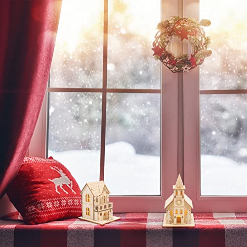 Toyvian 3pcs Christmas Led Light Wooden House with Battery, Unfinished Wooden Christmas Village Mini Houses Micro House Landscape Decors for Toyvian