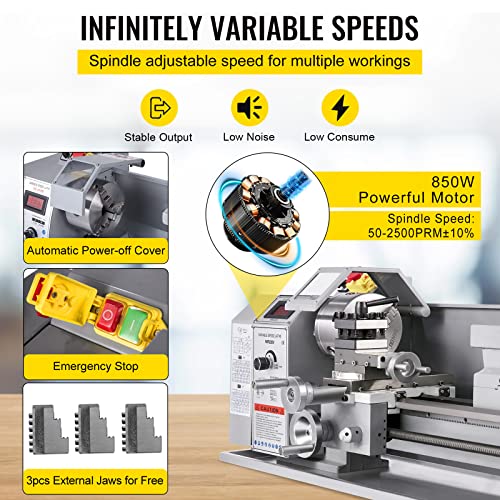 VEVOR Metal Lathe, 210x800 Mini Lathe Machine, 2500 RPM Variable Speed Change, 850W Precision Mini Lathe, Metal Working Lathe with Brushless Motor, VEVOR