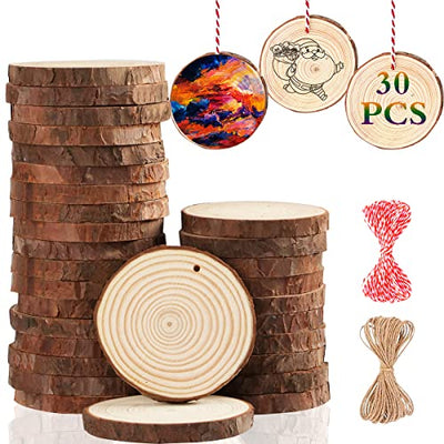 Artmag Natural Wood Slices 30pcs 2.4"-2.8" Unfinished DIY Crafts Predrilled with Hole Round Wooden Circles for Arts Rustic Wood Slices Christmas