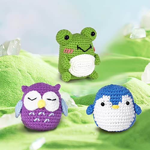 PIPAPI Crochet Kit for Beginners, 3 Pattern Animals-Owl, Penguin, Frog, Knitting Kit for Adult Kids with Step-by-Step Video Tutorials and Yarns, PIPAPI