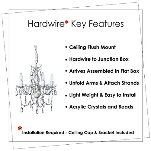 gypsy color The Original 4 Light Crystal White Hardwire Flush Mount Chandelier H17.5”xW15”, White Metal Frame with Clear Glass Stem and Clear Acrylic gypsy color