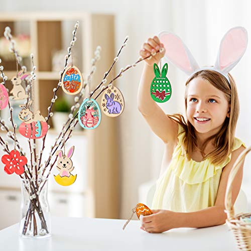 TOYANDONA 48 Pcs Easter Wooden Ornaments, Unfinished Wood Easter Cutouts Hanging Embellishments Easter Wooden Crafts for Kids Easter Party Supplies TOYANDONA