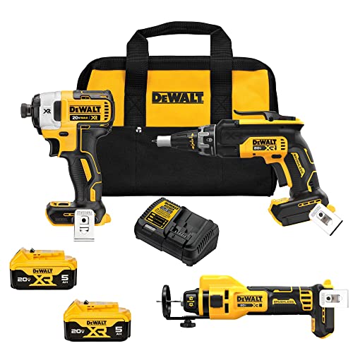 DEWALT 20V MAX XR Drywall Cutting Tool Combo Kit, Cut Out Tool, Drywall Screwgun, Impact Driver, with Batteries, Charger, and Collets Included, 5.0Ah DEWALT