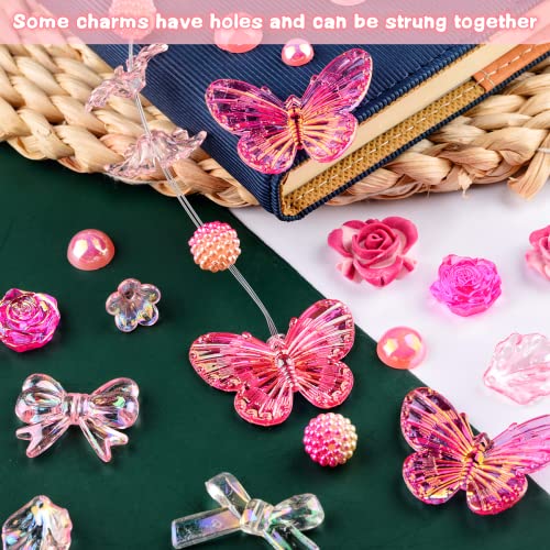 Kikonoke 350 Pieces 3D Resin ABS Colorful Rose Flower Bows Butterfly Charms with Flatback Half Round Pearl Beads for Bracelet Earring Necklace Craft kikonoke