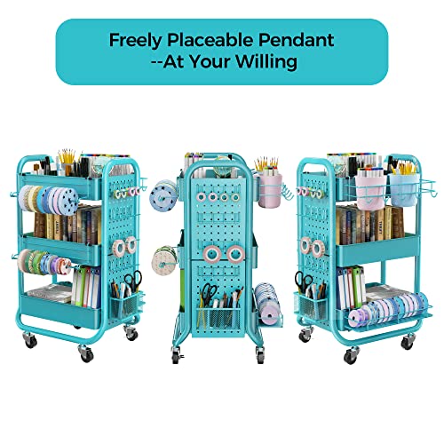 DESIGNA 3-Tier Utility Storage Rolling Cart with Removable Pegboard & Extra Storage Baskets Hooks, Metal Craft Art Carts for Gift Home Office, Teal DESIGNA