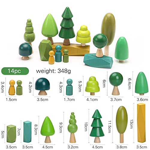 Macabaka Wooden Tree Toy Set 14 Pieces Wooden Sorting Stacking Balancing Stone Rocks Natural Wooden Mini Trees for Home Decor, Cake Topper and Macabaka