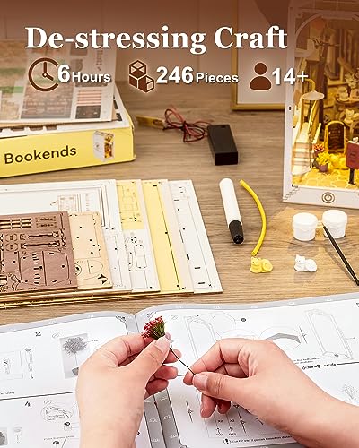 Rolife DIY Book Nook Kit 3D Wooden Puzzle, Bookshelf Indert Decor with LED DIY Bookend Diorama Dollhouse Kit Crafts Hobbies Gifts for Adults/Teens Rolife