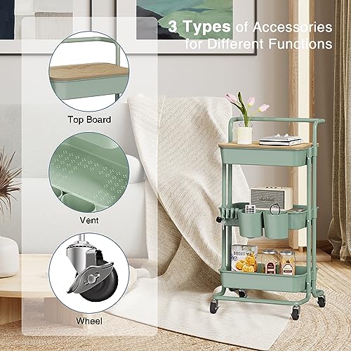 DTK 3 Tier Rolling Utility Cart with Cover Board, Lockable Wheels, and Storage Baskets in Green DTK