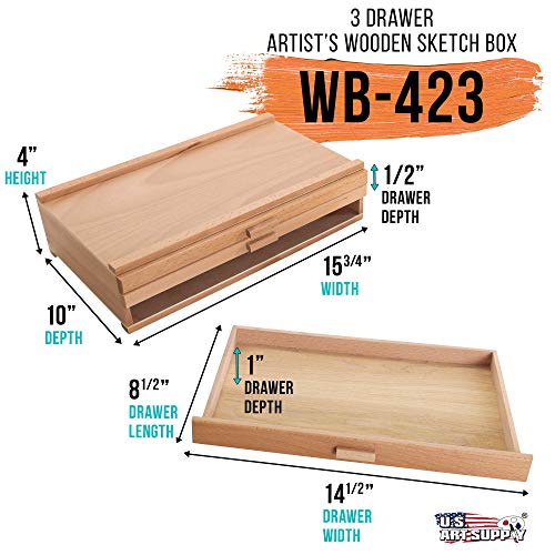 U.S. Art Supply 3-Drawer Artist Wood Pastel, Pen, Marker Storage Box U.S. Art Supply
