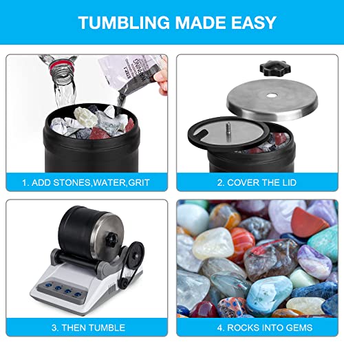 Rock Tumbler Kit, Professional Tumbling Stone Polisher with Button 7 Day Polishing Timer, Rock Polisher with Rough Gemstones, 4 Polishing Grits, Carseatty