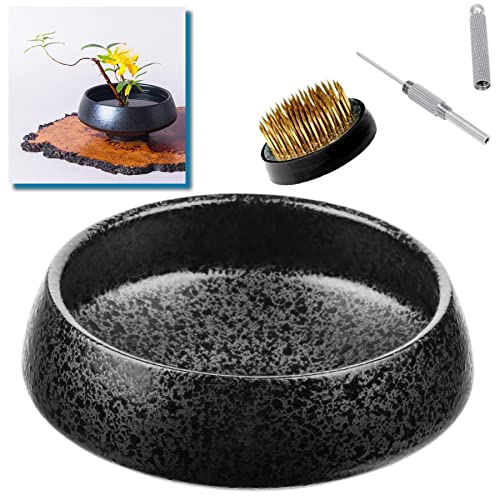 Japanese Ikebana Vase Kit, Flower Shallow Container Ceramics Flower Bowl Flower Arrangement Vase with 1.57inch Flower Frog and 2 in 1 Kenzan Needle Eggone
