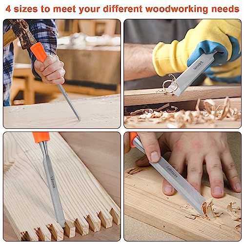4 Piece Wood Chisel Sets Woodworking Tools Set, Wood Chisels for Woodworking with Steel Hammer End, Wood Tools Chisel Set Woodworking with Ergonomic MECHEER
