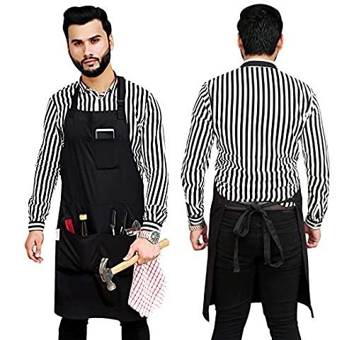 RUVANTI Work Aprons for Men/Women with Pockets - Adjustable up to XXL - Professional Grade Durability - Black Apron for Barber, Chef, BBQ, Kitchen, RUVANTI
