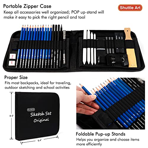 Shuttle Art Sketching and Drawing Pencils Set, 37-Piece Professional Sketch Pencils Set in Zipper Carry Case, Drawing Kit Art Supplies with Graphite Shuttle Art