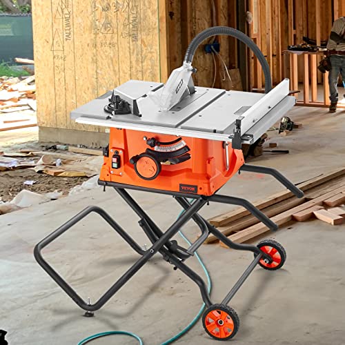 VEVOR Table Saw with Stand, 10-inch 15-Amp, 25-in Max Rip Capacity, Cutting Speed up to 5000RPM, 40T Blade, Portable Compact Jobsite Tablesaw with VEVOR