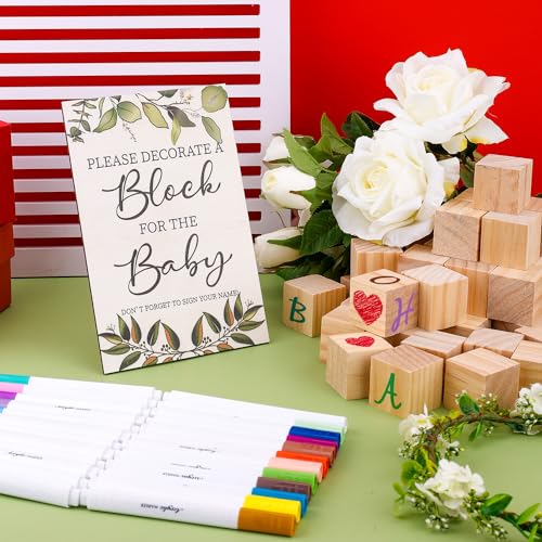 PEUTIER 75pcs Baby Wooden Shower Games Kit, 50 DIY Baby Unfinished Shower Block with Game Sign 24 Acrylic Paint Marker Baby Cubes Crafts Game Prizes PEUTIER