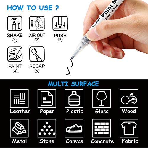 White Paint Pen, 8 Pack 0.7mm Acrylic Paint Pens with 2 White 2 Black 2 Gold 2 Silver Paint Pen Permanent Marker for Wood Rock Fabric Metal Plastic TZARROT