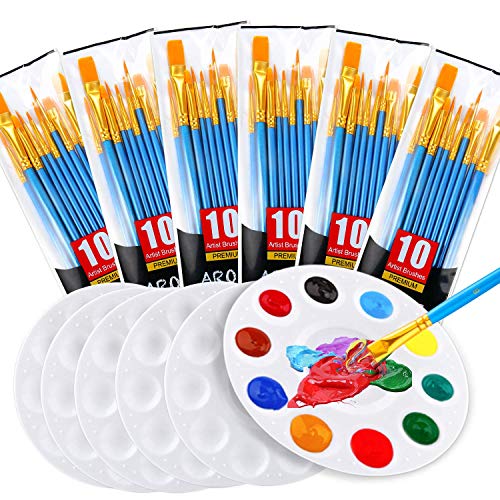Painting Brush Palette Set, with 6 Packs of 60 Brushes and 6 Palettes,Nylon Brush Head, Suitable for Oil Watercolor, etc., Perfect Art Painting Set. AROIC