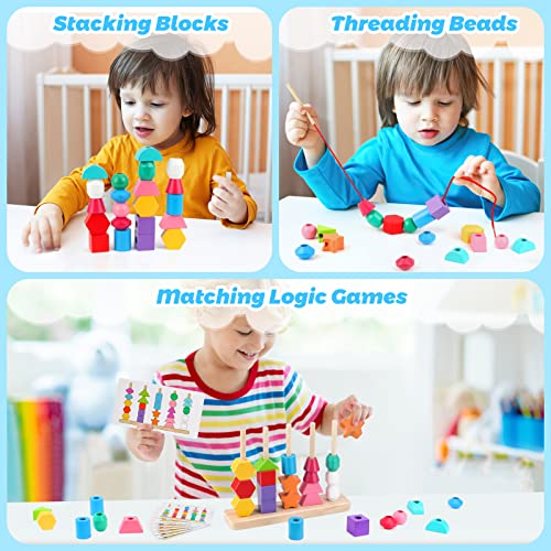 Montessori Wooden Beads Sequencing Toy Set, Stacking Blocks & Lacing Beads & Matching Shape Stacker for 2 3 4 5 Year Old STEM Preschool Learning Hieoby
