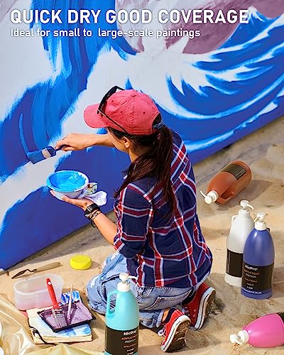 Nicpro 14 Colors Large Bulk Acrylic Paint Set (33.8 oz, 1000 ml) Rich Art Painting Supplies, Non Toxic for Multi Surface Canvas Wood Leather Fabric Nicpro