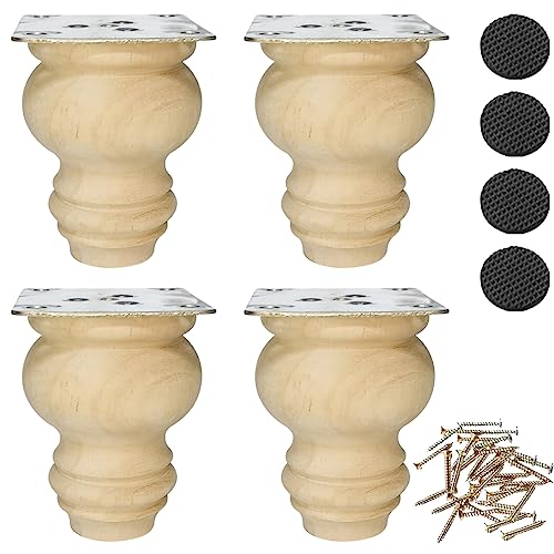 Btibpse 3 Inch Wooden Furniture Legs, Solid Wood Unpainted Replacement Furniture Legs, Cabinet Legs/Desk/Sofa/Bookcase Bun Feet, DIY Wooden Round Btibpse