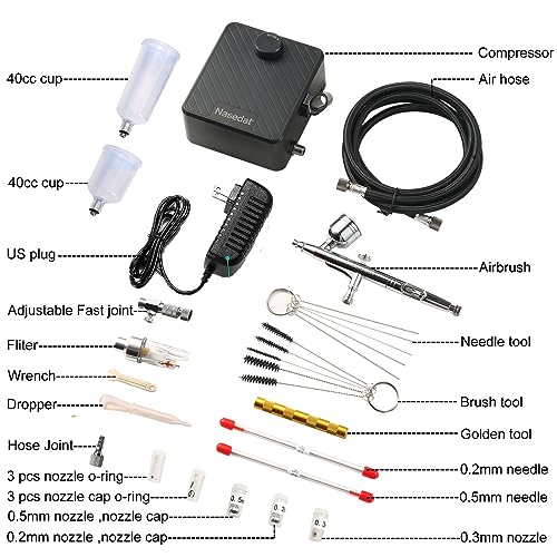 Nasedal Upgraded Dual-Action Airbrush kit with 40PSI Air Compressor Air Brush Model Paint for Car Nail Makeup Cake Decoration Art Drawing Craft nasedal