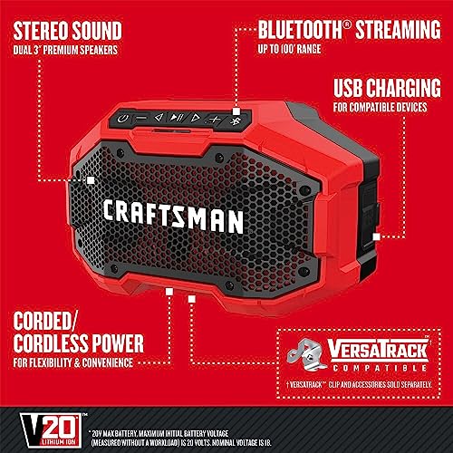 CRAFTSMAN V20 Wireless Portable Bluetooth Speaker, Tool Only (CMCR001B), Red Craftsman
