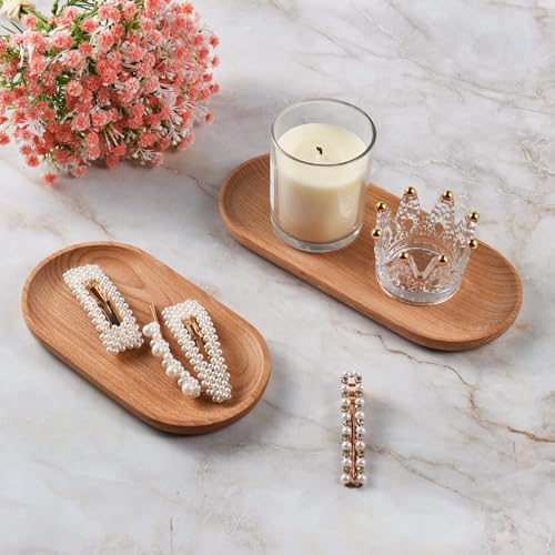 Eiyye Mini Serving Tray Small Wooden Plate Oval Wood Tray, Set of 2 Wooden Snack Tray Dessert Tableware Decorative Tray for Jewellery Key Coin Eiyye