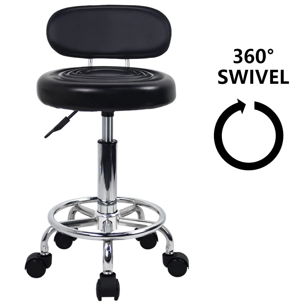 KKTONER PU Leather Modern Rolling Stool with Low Back Height Adjustable Work Salon Drafting Swivel Task Chair with Footrest (Black) KKTONER