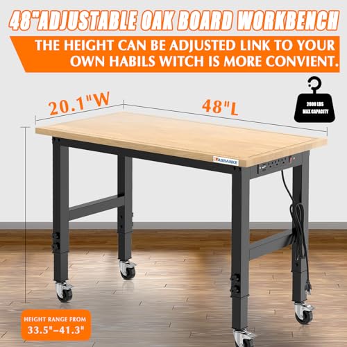 LARBANKE 48" Adjustable Workbench with Wheels,Heavy-Duty Rubber Wood Worktable with Power Outlets & Precision Scales & Foot Pads,2000 LBS Load LARBANKE