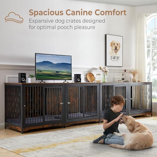 Lyromix 70.86'' Dog Crate Furniture Large Breed TV Stand with Cushion & Double Rooms,Wooden Dog Kennel Dog Crate End Table with Removable Divider for Lyromix