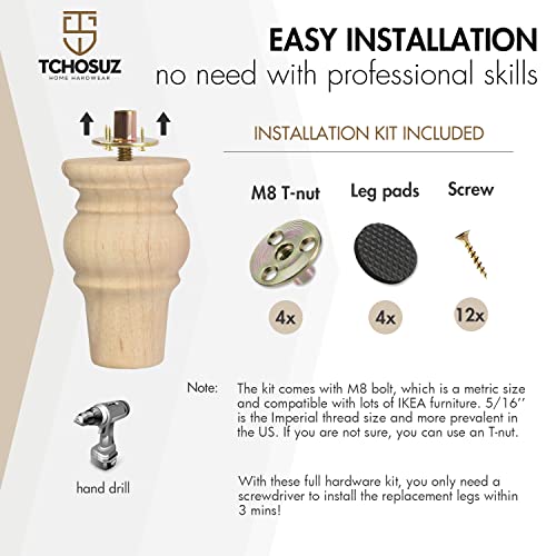 4 Inch Wooden Furniture Legs,Tchosuz Solid Unfinished Bun Feet with 5/16 inch Bolt,Modern Mid-Century Carved Sofa Couch Feet Furniture Replacement TCHOSUZ