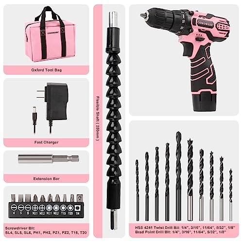 COMOWARE Cordless Drill Set, 12V Power Drill, Pink Drill Set for Women, 1 Battery & Charger, 3/8" Keyless Chuck, 2 Variable Speed, 0-450 & 0-1500 COMOWARE