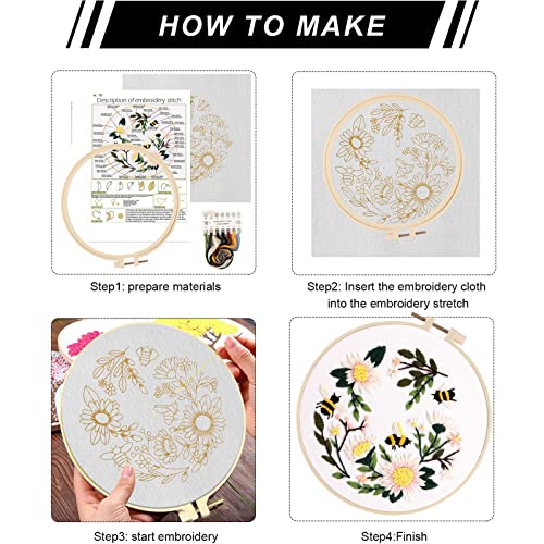 Lukinbox Embroidery Starter Kit for Beginners, 3 Sets Cross Stitch Kits for Adults, Include Embroidery Clothes with Cute Bees and Flowers Patterns, 1 Lukinbox