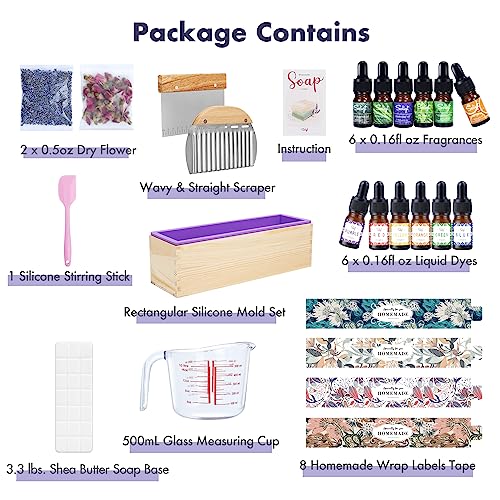 DIY Soap Making Kit, Soap Making Supplies with 3.3 lbs Soap Base, Soap Mold, Glass Measuring Cup, Liquid Dyes, Wavy Straight Scraper, Silicone SOLIGT