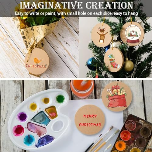 36 Pcs Wooden Christmas Ornaments Unfinished MDF Wood Round Cutouts with Hole 3.9 Inch Blank Round Wood Discs Slices with Twine for DIY Crafts Xmas FOBSME