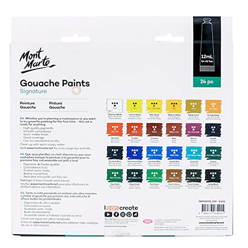 MONT MARTE Signature Gouache Paint, 24 x 0.4oz (12ml), Semi-Matte Finish, 24 Colors, Suitable for use with Canvas, Watercolor Paper, Watercolor MONT MARTE