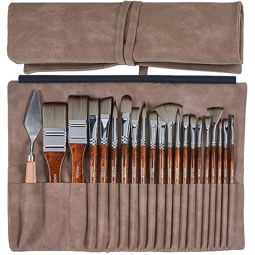 HAGERI 20 Pieces Paint Brushes, Expert Synthetic Nylon Bristles Paint Brush Kit with Palette Knife & Deluxe Leather Roll, Paint Brushes Set for Oil, HAGERI