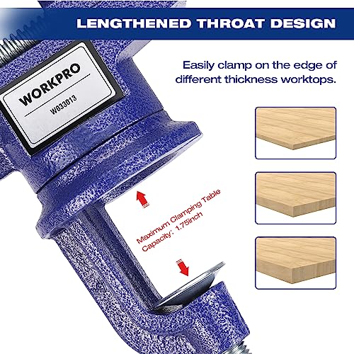 WORKPRO Bench Vise, 2.5 Inch Jaw Width Universal Table Vise, 360°Swivel Base Home Vice Bench Clamp with Magnetic Jaw Pads, Portable Clamp-on Vise WORKPRO