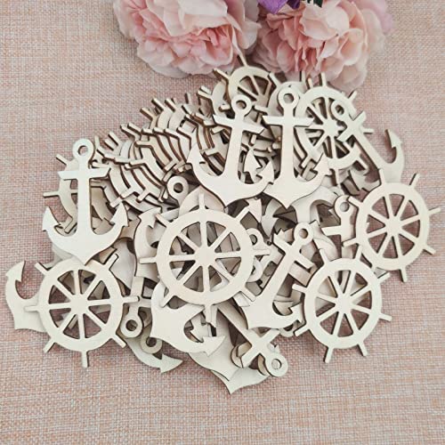 Creaides 60 Pcs Anchor Rudder Wood DIY Craft Cutouts Unfinished Wood Ornaments Gift for Ocean Themed Party Home Decoration Creaides