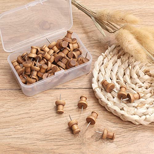 120 Pcs Wood Push Pins, Walnut, Standard, Wooden Thumb Tacks Decorative for Cork Boards Map Photos Calendar and Home Office Craft Projects with Box Phinus